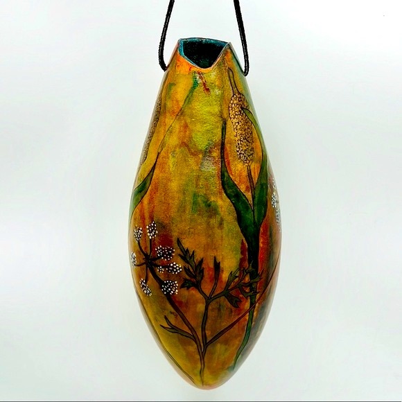 “ Hanging Cattails & Lace ” Original Gourd Art Vase / Vessel by Kristina Simkins - Picture 5 of 10